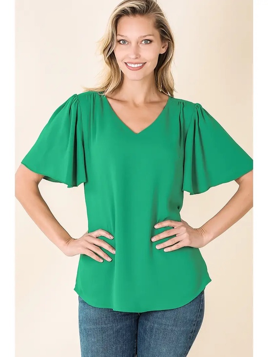 Zenana Outfitters Tops - Zenana Outfitters Teal Green V-Neck Flutter Sleeve Blouse